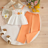 Girls White 3D Flowers Applique Smocked Top With Pant Sets
