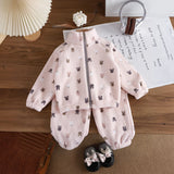 Girls Light Pink Fleece Bunny Cartoon Printed Zip-up Jacket With Jogger Co-ord Sets