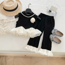 Girls Black Pearl Embellished Peplum Ruffle Top With Pants Sets 2 pc. Sets Black 1-2 Y
