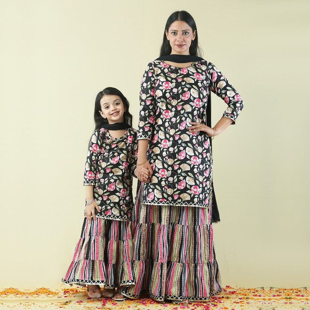 Black Floral Mom & Daughter Kurta-Sharara Set