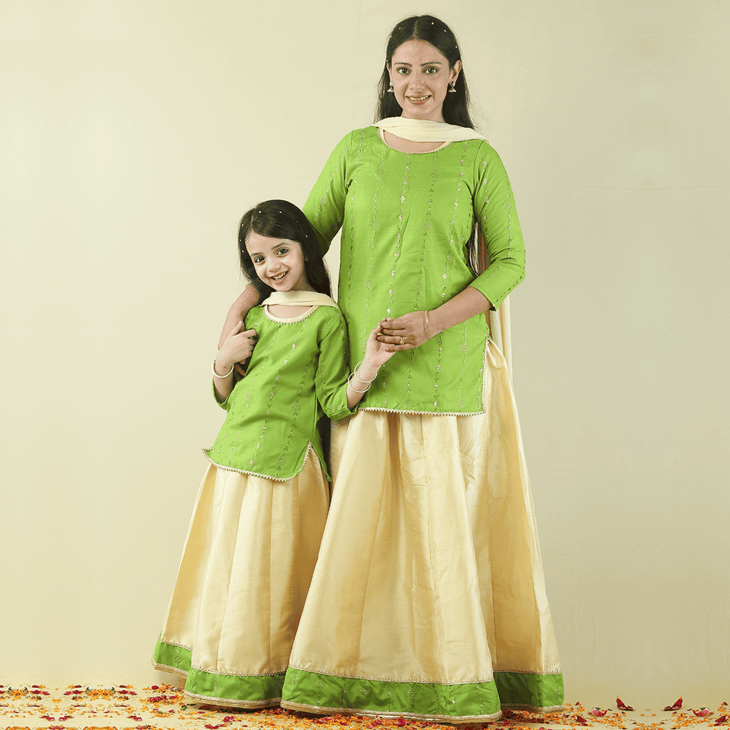 Green-Golden Mom & Daughter Lehenga-Kurta Set