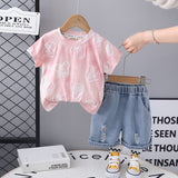 Girls Pink Puff Print Short Sleeve T-Shirt With Denim Shorts Set