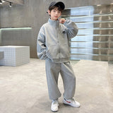 Boys Grey Printed Front Open Sweatshirt With Pants Sets