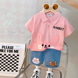Boys Pink Bear Embroidery Polo T-Shirt With Denim Shorts
