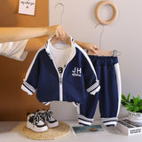 Boys Navy Blue Typographic Printed Front Open Jacket With T-Shirt & Joggers Set
