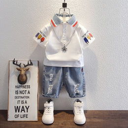Boys White Short Sleeve Polo T-Shirt With Denim Shorts Sets 2 pc. Sets White 1-2 Y