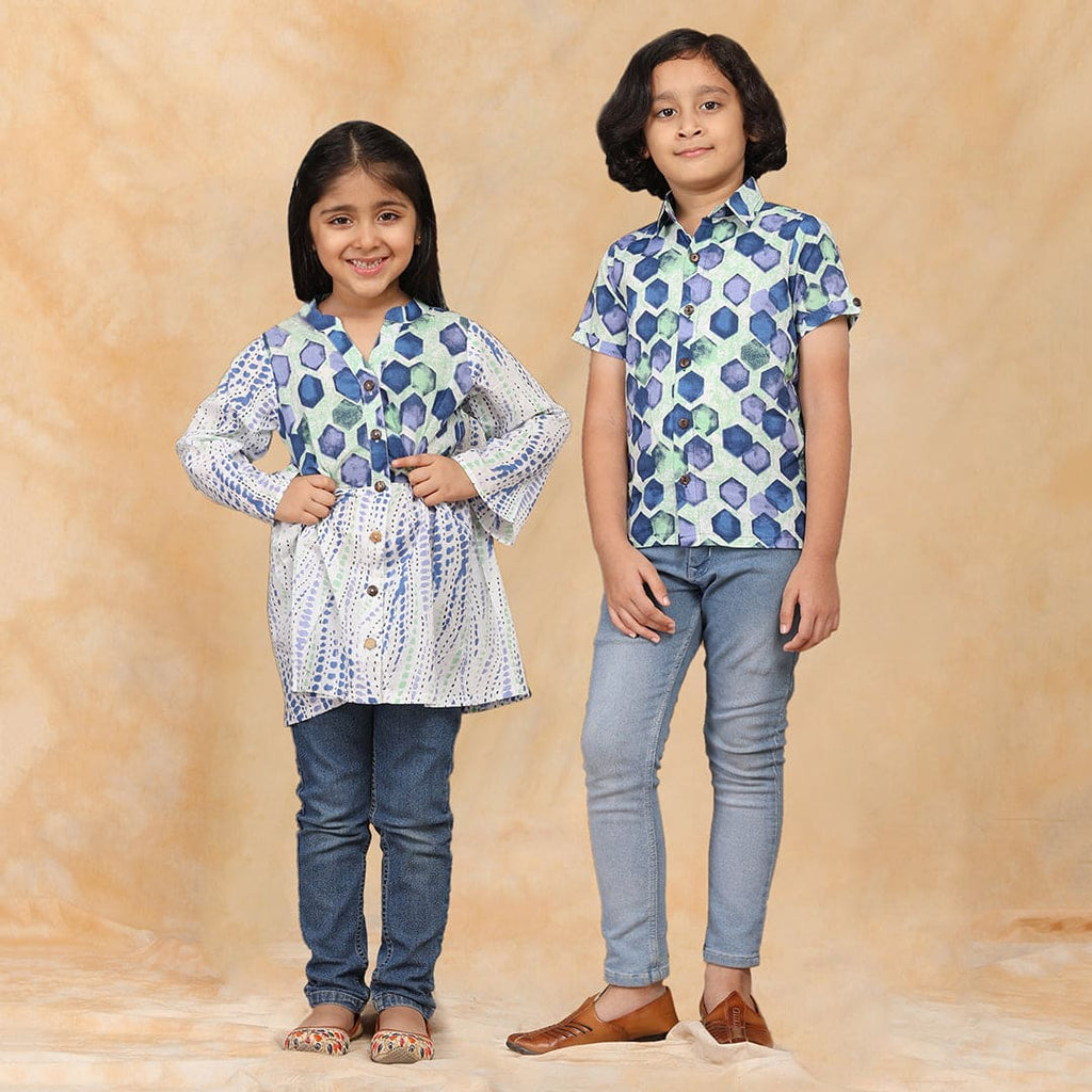 White-Blue Printed Tunic & Shirt Siblings Set