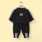 Boys Black Long-Sleeve Crewneck Sweatshirt & Elasticated Pants Sets With White Stripe