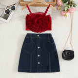 Girls Burgundy 3D Flower Applique Crop Top With Denim Skirts Set