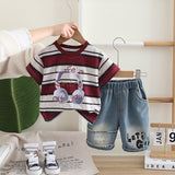 Boys Maroon Headphone Graphic Stripes T-Shirt With Denim Shorts Set