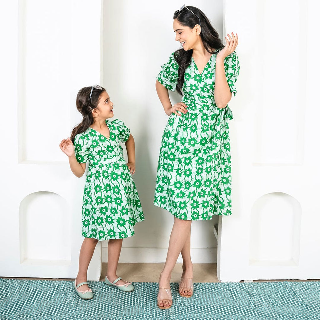 Green Printed Wrap Around Mom & Daughter Dress Set