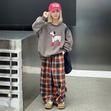 Girls Brown Cartoon Graphic Winter Sweatshirt With Checked Pant Set