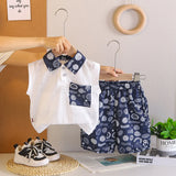 Boys White Textured Sleeveless Polo T-Shirt With Printed Shorts Sets