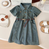 Girls Blue Short Sleeve Button Front Denim Dress