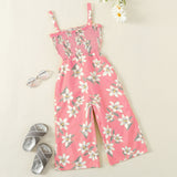 Girls Pink Floral Print Smocked Full Length Jumpsuit