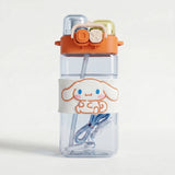 Cute Kids Orange Dual Spout Water Bottle with Straw, Leakproof Lid & Adjustable Strap