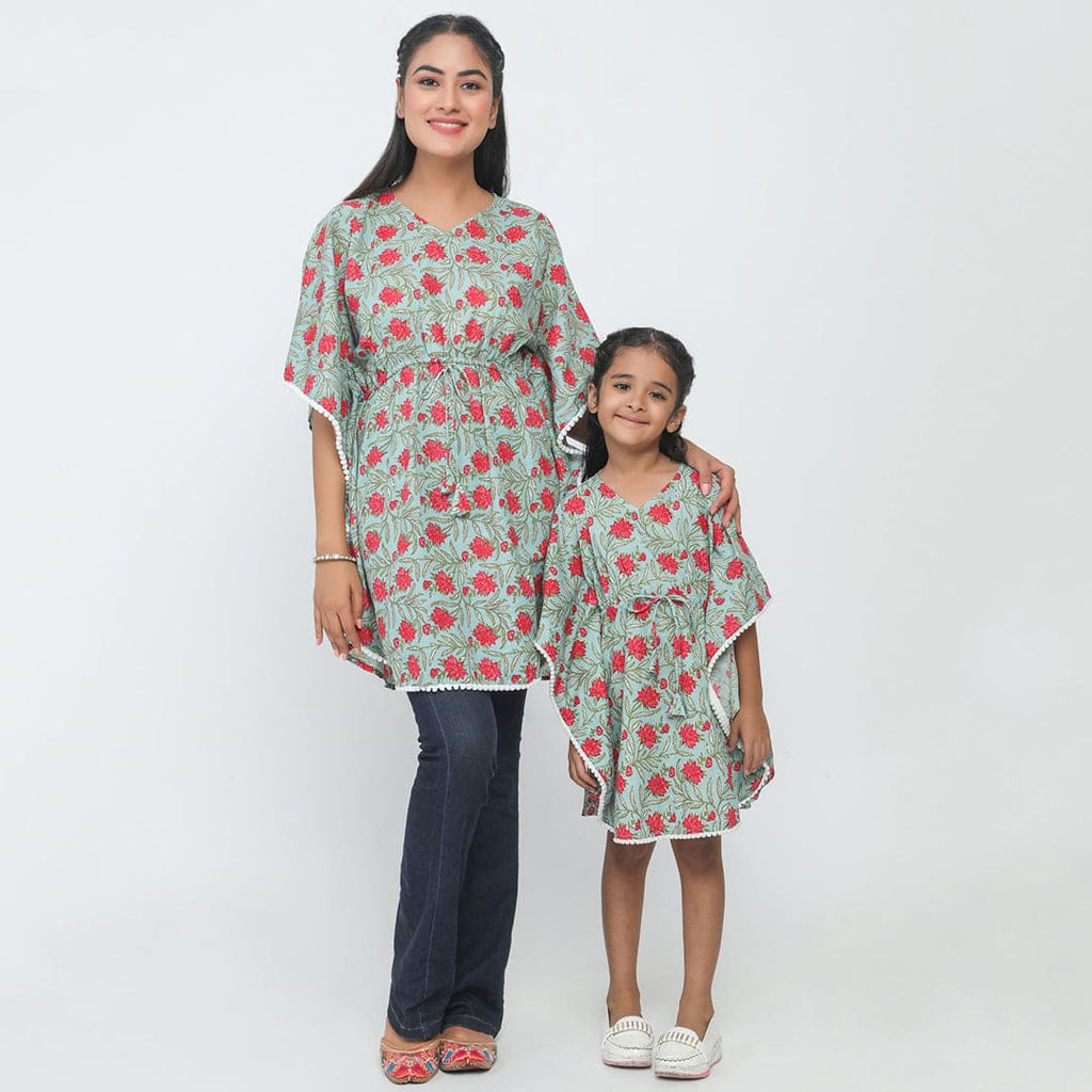 Fern Green-Red Floral Printed Kaftan Mom & Daughter Set