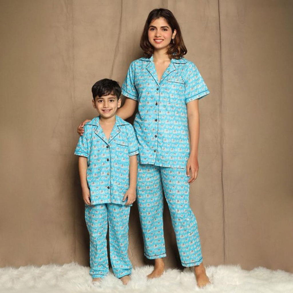 Blue Printed Sleepwear Mom & Son Set