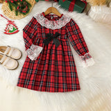 Girls Red Long Sleeve Checked Fit & Flare Winter Casual Dresses