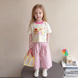 Girls Off White Cat Print T-Shirt With Striped Pants Sets