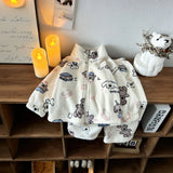 Girls Off White Fleece Bear Printed Zip-up Jacket With Pants Co-ord Sets