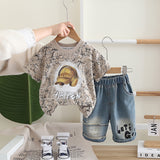 Boys Khaki Cap Graphic Short Sleeves T-Shirt With Denim Shorts Set