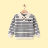 Boys Grey Polo Collar Sweatshirt With Self Design Stripe Patterns