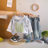Boys Grey Typographic Hooded Sweatshirt With T-Shirt And Denim Trousers Sets