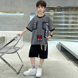 Boys Black Stripes Short Sleeves Oversized T-Shirt With Shorts Set