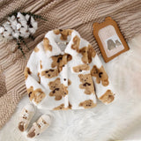 Boys White Long Sleeves Jacket With Self-Design Bear Patterns