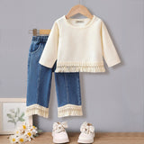 Girls Apricot Knitted Long Sleeves Top With Denim Pants Set