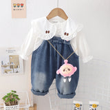 Girls White Peter Pan Collar Top With Denim Dungaree Sets