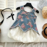 Girls Blue Floral Print Denim Frayed Peplum Top With Shorts Sets