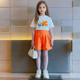 Girls Orange Floral Graphic Shorts Sets With Handbag