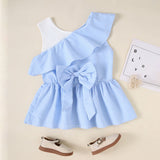 Girls Blue Stripes Sleeveless Summer Tops With Bow