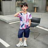 Boys White Abstract Printed Short Sleeve T-Shirt With Shorts Sets
