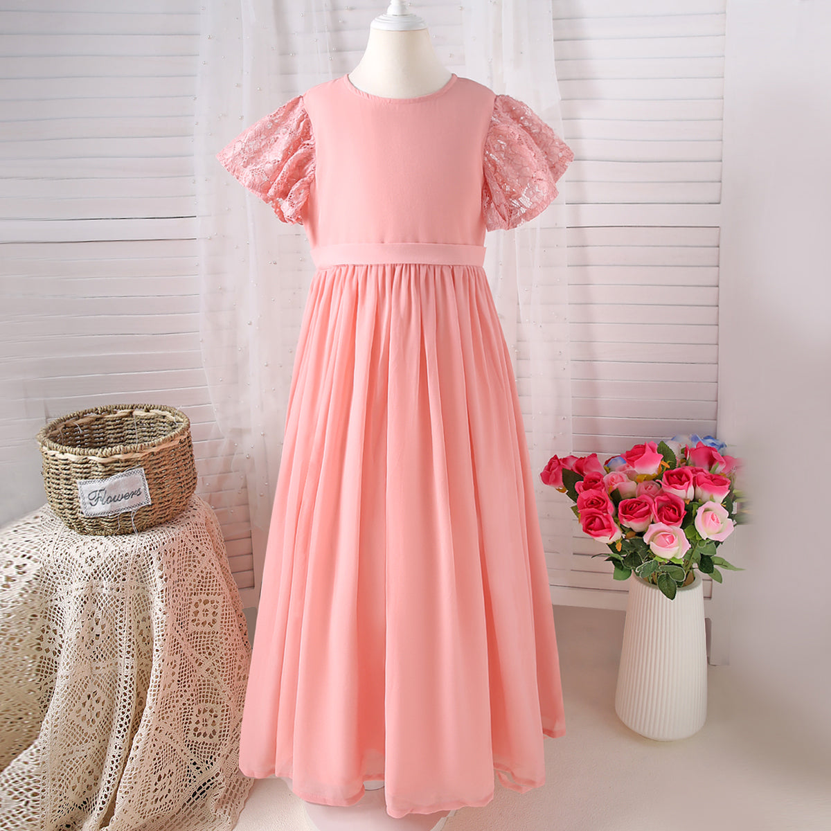 peach dress casual Girls Peach Solid Laced Short Sleeves Drop Waist Dress – INCLUD