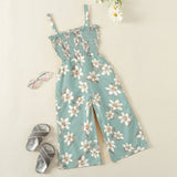 Girls Sea Green Floral Print Smocked Full Length Jumpsuit
