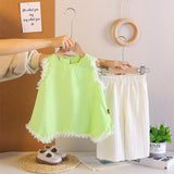 Girls Green SLeeveless Top With Textured Pants Sets