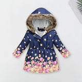 Girls Navy Blue Rose Printed Hooded Puffer Jacket