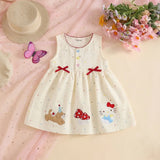 Girls Beige Polka Dot Print Fit & Flare Dress With Patch Embroidery