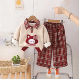 Girls Beige Cat Applique Polo Sweatshirt With Pants Set