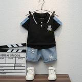 Boys Black Graphic Polo T-Shirt With Denim Shorts Set