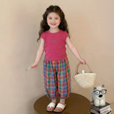 Girls Fuchsia Cape Sleeve Top With Checked Pants Sets