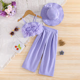 Girls Purple Camisole Applique Top With Hat And Trousers Set