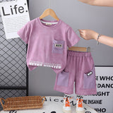 Boys Purple Typographic Printed T-Shirt With Contrast Pockets Shorts Set