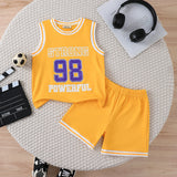 Boys Yellow Alphanumeric Printed Sleeveless T-Shirt With Shorts Summer Co-ord Set