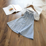 Girls Light Blue Floral Lace Puff Sleeve A-line Denim Dress