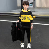 Boys Yellow Typographic Printed Hooded Sweatshirt With Vest & Jogger Sets