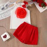 Girls 3D Flower Applique Halter Top With Red Shorts Set